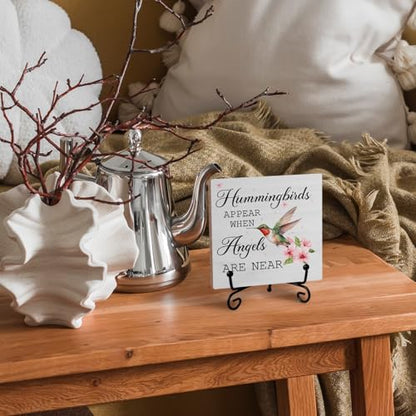 Hummingbird Memorial Wooden Desk Sign, Sympathy Gifts for Loss of Loved One, Hummingbirds Appear When Angels Are Near Memorial Wood Plaque With Stand for Home Room Decorations, 5x5 Inch