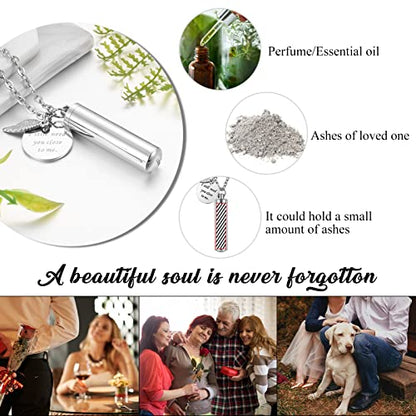 abooxiu Cylinder Urn Necklace for Ashes Cremation Jewelry/Keychain for human Pet Stainless Steel Memorial Keepsake Pendant with Angel Wing Charm Ashes - color: Silver-l