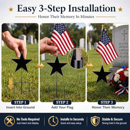16 Inch Star American Veteran Grave Marker, American Flag Holder | Memorial Stake for Veterans Military, Outdoor Graveside Display, Honoring Loved Ones at Burial Sites, Durable Metal - style: Star