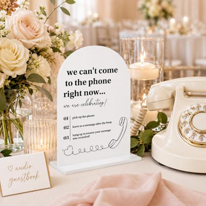 Audio Guestbook Sign for Wedding Reception, Acrylic Phone Guest Book Sign with Instructions - We Can't Come to the Phone Right Now We are Celebrating, Modern Clear Table Top Signage with Stand-5x7 - color: Audio Guestbook Sign