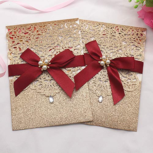 25Pcs Gold Glitter Laser Cut Invitations with RSVP Cards and Envelopes - color: Glitter Gold