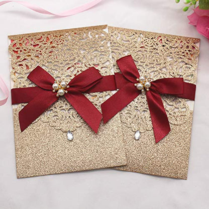 25Pcs Gold Glitter Laser Cut Invitations with RSVP Cards and Envelopes - color: Glitter Gold