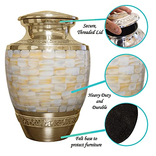 Mother of Pearl Cremation Urn for Human Ashes- Adult Size Elegant Funeral Ashes Container with Velvet Storage Bag