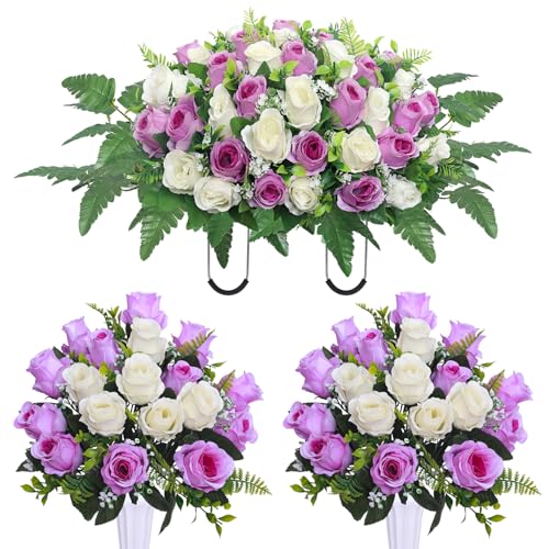 Artificial Cemetery Flower Saddles, Cemetery Memorial Flowers with Vase,Outdoor Grave Saddle Headstone Decorations, Artificial Rose Bouquet Grave Memorial Flowers (Purple White) - color: Purple White