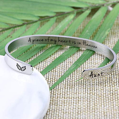 Memorial Gifts for Loss of Mom Dad In Memory of Jewelry Sympathy Bracelet | Bereavement Cuff Secret Message Engraved Grief Gifts for Women - style: Aunt Memorial-A piece of my heart is in heaven