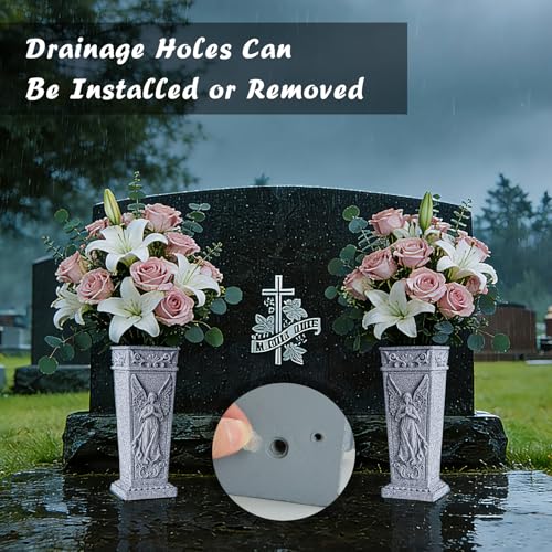 Cemetery Vases, Grave Memorial Vase with Spike, Resin Angel Flowers Holder for Cemetery, Headstone, Grave, Garden, Lawn, Yard Decorations (1Pc, Grey), Flower is not Included.