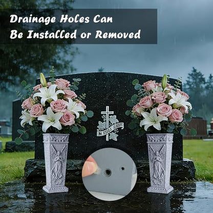 Cemetery Vases, Grave Memorial Vase with Spike, Resin Angel Flowers Holder for Cemetery, Headstone, Grave, Garden, Lawn, Yard Decorations (1Pc, Grey), Flower is not Included.