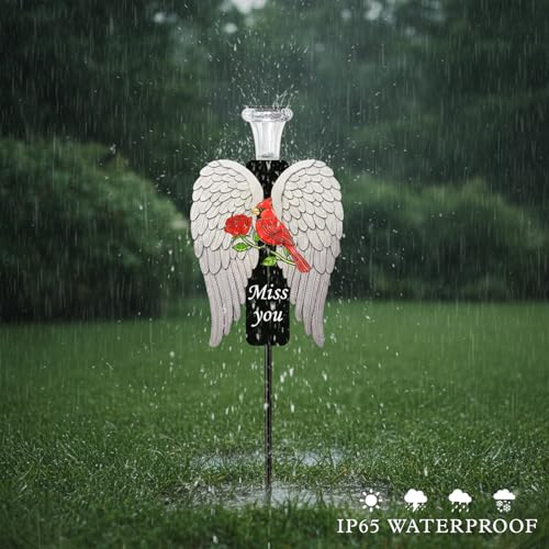 20-Inch Solar Angel Wings Memorial Stake with Red Cardinal - Metal Cemetery Decorations for Grave, Father's Day Sympathy Gift for Loss of Father Dad Mom(Angel Wings) - style: Angel Wings