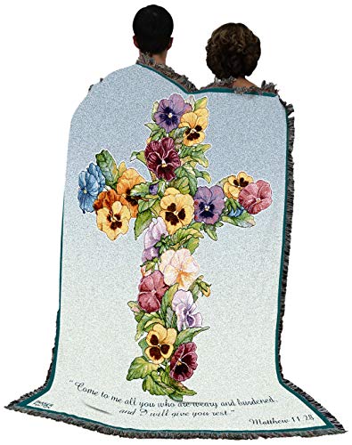 Pansy Cross Blanket by Parker Fulton - Come To Me All You Who Are Weary - Scriptures Matthew 11:28 - Sympathy Bereavement Gift Tapestry Throw Woven from Cotton - Made in the USA (72x54) - color: Pansy Cross, size: 72" x 54"