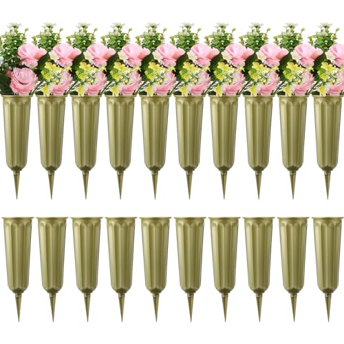 20 Pack Cemetery Vases with Spikes,Plastic Vases for Flowers,Grave Decorations for Cemetery,Grave Flower Holder,Memorial Floral Vase(Gold) - color: Gold