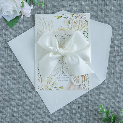 20 PCS Ivory Butterfly Quinceanera Invitation, Laser Cut Invitation Cards | 5.12x7.2" light Gold Glitter Butterfly Quinceanera Invitation with Envelopes for XV Anos Bridal Shower Baby Shower Invite - color: Ivory