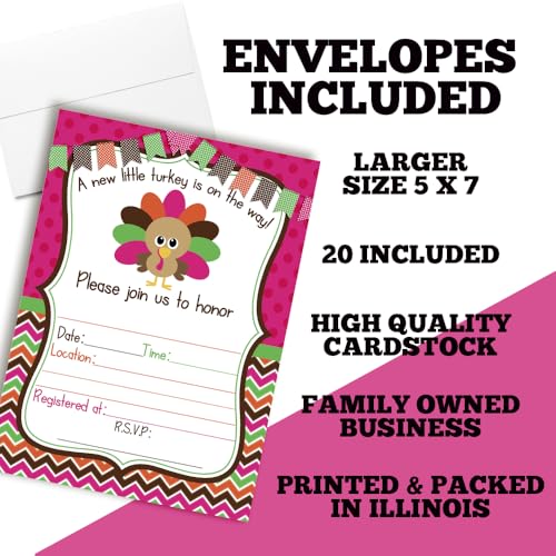 Little Turkey Girl Baby Shower Invitations, 20 5x7 Fill In Cards with Twenty White Envelopes by AmandaCreation Great for Birthdays around Thanksgiving - style: Little Turkey Girl