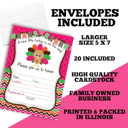 Little Turkey Girl Baby Shower Invitations, 20 5x7 Fill In Cards with Twenty White Envelopes by AmandaCreation Great for Birthdays around Thanksgiving - style: Little Turkey Girl