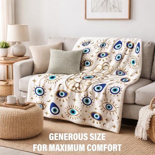 Evil Eye Fleece Flannel Blanket 50x60, Soft Lightweight Cozy Throw Blanket | Blue Evil Eye And Hamsa Hand Design For Home, Dorm, Meditation Rooms, Birthdays, Housewarmings And Spiritual Gifts - color: White