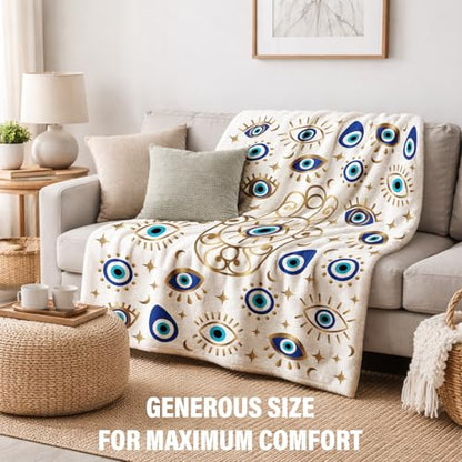Evil Eye Fleece Flannel Blanket 50x60, Soft Lightweight Cozy Throw Blanket | Blue Evil Eye And Hamsa Hand Design For Home, Dorm, Meditation Rooms, Birthdays, Housewarmings And Spiritual Gifts - color: White