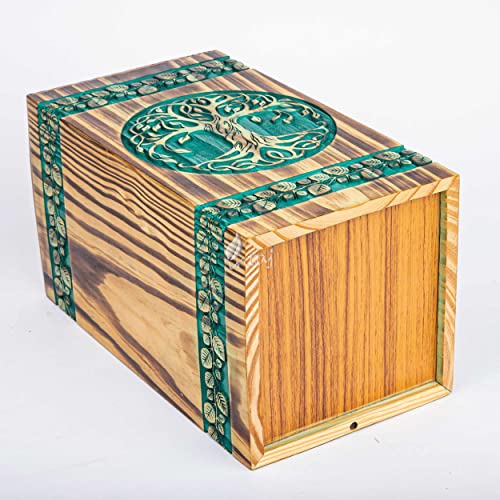Wooden Urn for Human Ashes, 640 Cu in, XX-Large, Teal & Gold | Hand-carved wood, teal over gold, screw-locked sliding base, engraving available, holds two adults, to 640 lb combined - color: Teal & Gold, size: XL - 14Hx7.5W (640 Cu/In)