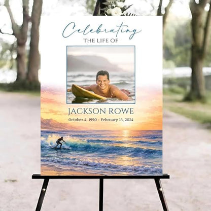 Ocean Beach Surfer Funeral Welcome Sign, Celebration of Life Welcome Sign, in Loving Memory Sign, Celebration of Life Funeral Sign, Celebration of Life Sign, Memorial Sign with Photo #Yu12 - color: Version #13