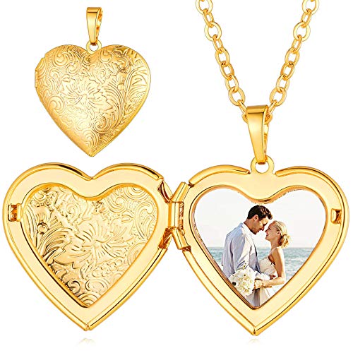 Custom4U Personalized Heart Locket Necklace with Pictures,Sunflower/Angel Wings/Heart Shaped Lockets Custom Photo,Gold/Rose Gold/White Lockets That Holds Picture,Customized Memorial Jewelry for Women - color: A-Heart-Gold(Locket + Photo)