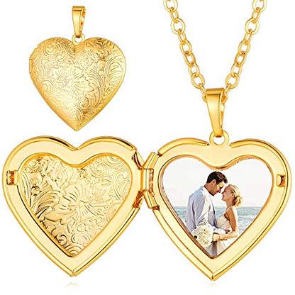Custom4U Personalized Heart Locket Necklace with Pictures,Sunflower/Angel Wings/Heart Shaped Lockets Custom Photo,Gold/Rose Gold/White Lockets That Holds Picture,Customized Memorial Jewelry for Women - color: A-Heart-Gold(Locket + Photo)