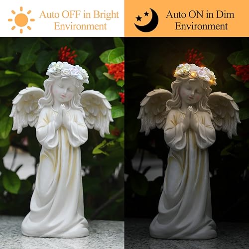 Angel Garden Statue, Memory Guardian Solar Decor with Warm Light | Waterproof Outdoor Garden Decor Praying Angel Figurine Sculpture for Lawn Yard Patio, Sympathy Present, White - style: Praying Angel