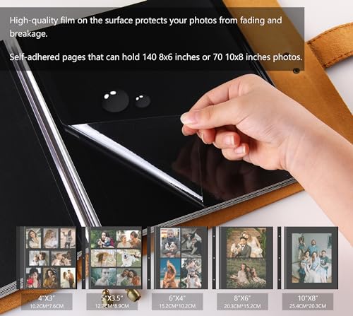 Leather photo Album Self Adhesive Pages, Handamde Leather Scrapbook Photo Album, Wedding Family Album, Holds 3x5, 4x6, 5x7, 6x8, 8x10 Photos - Brown - color: Brown, size: 13.58x13x1.3