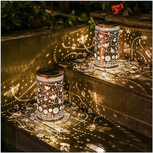 2 Pack Bee Outdoor Solar Hanging Lanterns Waterproof LED Solar Lights Metal Decorative Lanterns for Garden, Patio, Courtyard, Backyard, Yard Decor Unique Bee Gifts for Women Gardening - size: 2 Pack Bee
