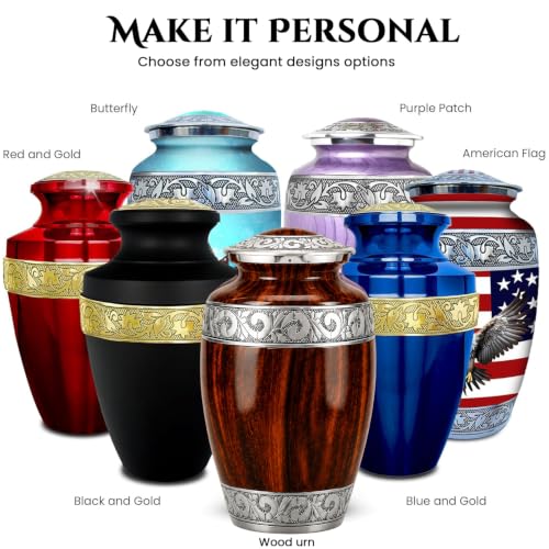 Set of 6 Custom Engraved Wooden Grain Cremation Urns for Human Ashes Adult Male & Female - Includes 1 Large Wooden Grain Urn with 4 Small Keepsakes & 1 Silver NecklaceUrn - color: Wooden Grain - Custom Strandard Set