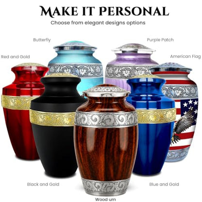 Set of 6 Custom Engraved Wooden Grain Cremation Urns for Human Ashes Adult Male & Female - Includes 1 Large Wooden Grain Urn with 4 Small Keepsakes & 1 Silver NecklaceUrn - color: Wooden Grain - Custom Strandard Set