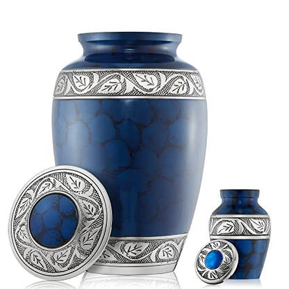 Reminded Set of 5 Etched Cremation Urns for Human Ashes - 1 Brass Adult + 4 Keepsake Token Size, Blue - color: Blue