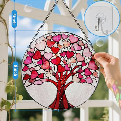 Stained Glass Window Hanging - 8 Inch Love Heart Tree Suncatcher, Sun Catchers Indoor Window | Valentine’s Day, Mother's Day, Christmas, Anniversary, Birthday Gifts for Lover, Wife, Girlfriend, Mom - color: Heart Tree