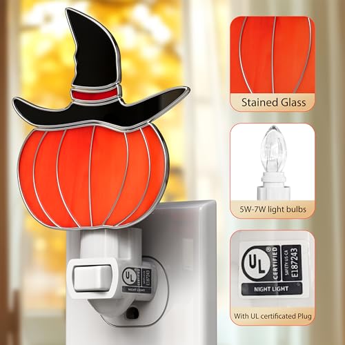 Stained Glass Witch Hat Night Lights Plut in Wall Halloween Decor - color: Witch Hat