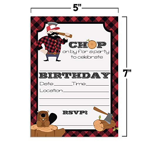 Lumberjack Chop On By Themed Birthday Party Invitations, 20 5x7 Fill In Cards with Twenty White Envelopes by AmandaCreation - style: Lumberjack Chop On By