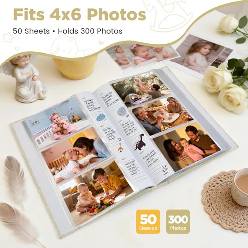 Baby Photo Album 4x6 300 Pockets with Memo Area, Photo Stickers & Hand and Footprint Kit, Linen Cover Baby Memory Book with Front Window, First Year Keepsake for Newborn Boy Girl - color: Beige