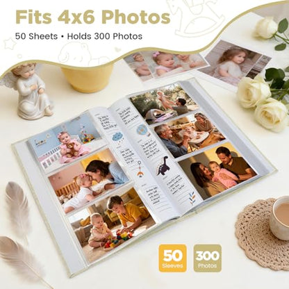 Baby Photo Album 4x6 300 Pockets with Memo Area, Photo Stickers & Hand and Footprint Kit, Linen Cover Baby Memory Book with Front Window, First Year Keepsake for Newborn Boy Girl - color: Beige
