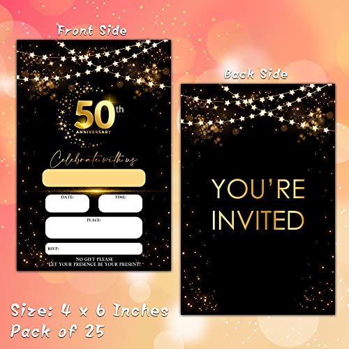 50th Anniversary Invitations Cards, Black Gold Glitter Wedding Anniversary Invitations with Envelopes, Celebrate With Us Fill-in Invites Cards, Anniversary Party Supplies Decorations(Pack of 25) - color: Black Gold Glitter
