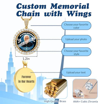 HJX Custom Circle Chain with Wings, Memorial Picture Necklace for Men Womem - color: 9-round Memorial