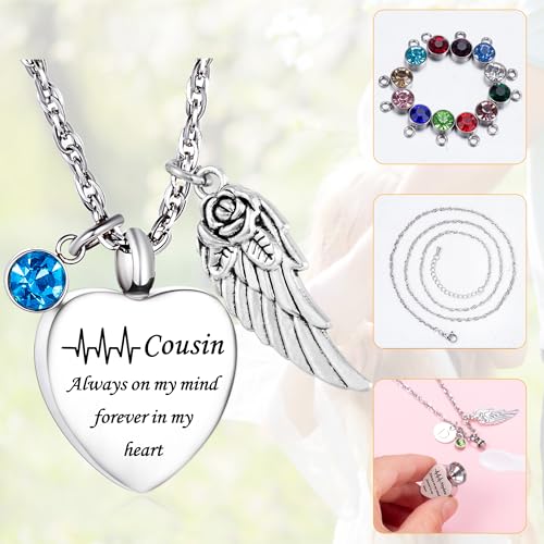 Gredstar Heart Urn Necklace for Ashes, ECG Memorial Pendant | Heartbeat Line, Angel Wing, 12 Birthstones, Stainless Steel, Screw Closure, Funnel & Box Included - style: Cousin