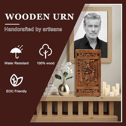 Wooden Urn for Ashes Adult Male Female,Decorative Burial Funeral Memorial Urn, Burial Casket Keepsake with Velvet Bag (Brown, 10, Deer)