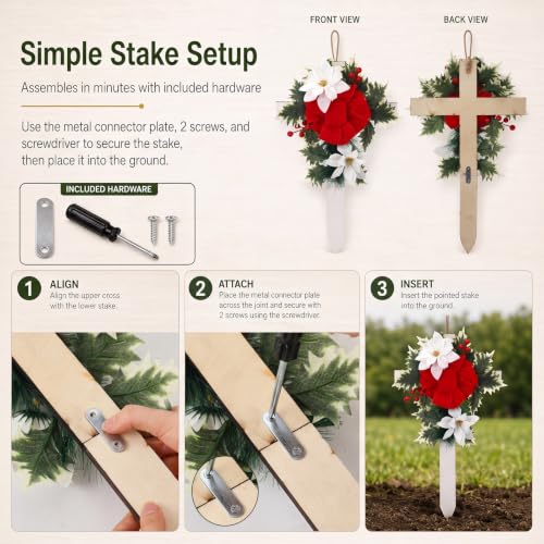 Sintuff Xmas Cross Grave Decorations for Cemetery, Christmas Wooden Cross
