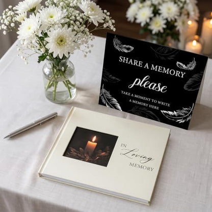 Funeral Guest Book, in Loving Memory Sign in Book with Photo Slot | 330 Entries, Table Sign Card Included, Gold Stamping, Twill-Textured Paper Cover, Celebration of Life Keepsake, 9x7.5", Beige - color: Beige-i