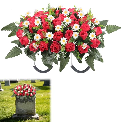 Wocst Cemetery Decorations for Grave Large Headstone Flower Saddle Grave Silk Flowers for Outdoor Grave Decoration(Red) - color: Red, size: 1 Saddle