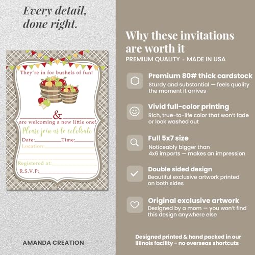 Bushels of Fun Apple Baby Shower Invitations, 20 5x7 Fill In Cards with Twenty White Envelopes by AmandaCreation™ - style: Bushels of Fun Apple