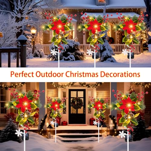 2 Pack Solar Christmas Decorations Outdoor, 32 Inch Solar Christmas Cross Stake Lights, Waterproof Grave Decorations with Poinsettia Flower Pinecones Red Berries for Garden Yard Patio Lawn Cemetery - style: 2 Pack Poinsettia Cross