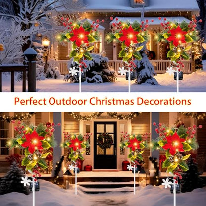 Solar Christmas Decorations Outdoor, 4 Pack 32 Inch Solar Christmas Cross Stake Lights, Waterproof Grave Decorations with Poinsettia Flower Pinecones Red Berries for Garden Yard Patio Lawn Cemetery - style: 4 Pack Poinsettia Cross