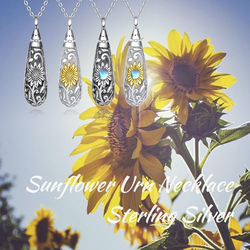 Sterling Silver Flower Tree Life Cremation Urn Necklace for Women - color: Tear *Sunfl. Sty1 (G/P Mo/St)