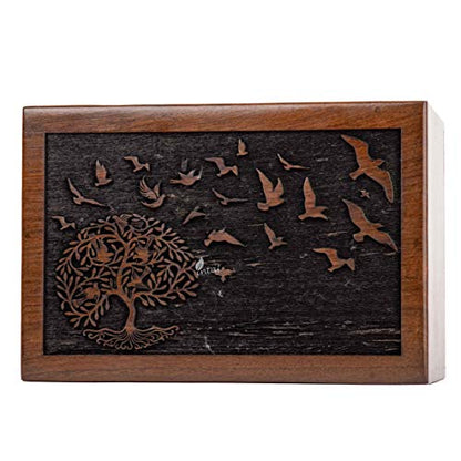 Rosewood Urn for Human Ashes, Tree of Life with Birds, Large 180 lb | Hand-carved solid sheesham rosewood, screw-locked sliding base, engraving available, holds up to 180 lb - color: Tree of Life With Birds, size: Large (180 lb)