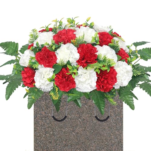 Artificial Cemetery Silk Flowers Saddle,Carnation Cemetery Headstone Flower Saddle,Memorial Flowers for Outdoor Tombstone Headstone Decorations (Red White) - color: Red White