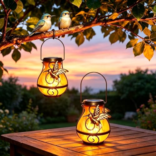 2 Pack Solar Lanterns Outdoor Hummingbird Design, Waterproof Hanging Flickering Flame Solar Lights, Solar Porch Lights for Yard Decorations, Garden Gifts for Mom Women Friends