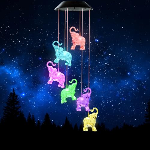 Solar Wind Chimes, Elephant Wind Chimes Gifts for Mom Grandma Women Wife Girls, IP65 Waterproof Hanging Memorial Windchimes with 7 Color Changing LED Lights for Outside Garden Yard Decorations - color: Elephant