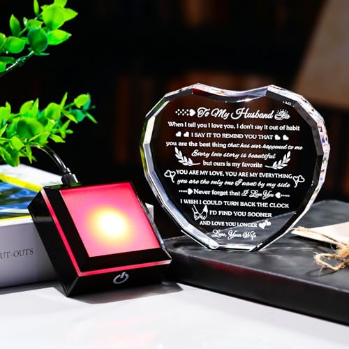 Arikyrist Gifts for Husband from Wife with Colorful LED Base Anniversary Romantic Gifts for Husband Birthday Crystal Keepsake to My Husband I Love You Gifts on Valentine Fathers Day Christmas - style: Husband Gifts + Light Base